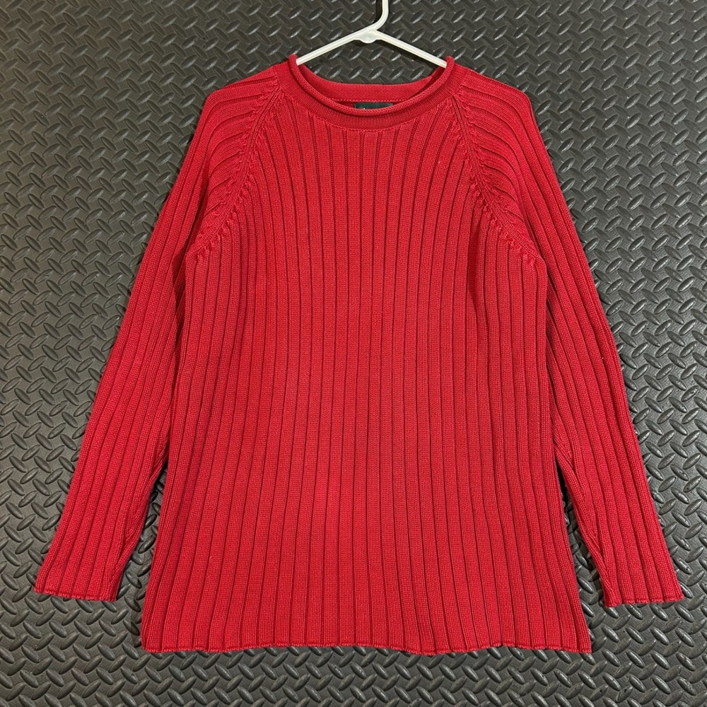 Lauren Ralph Lauren Women's Red Ribbed Cotton Sweater 1X Long Sleeve Crew Neck